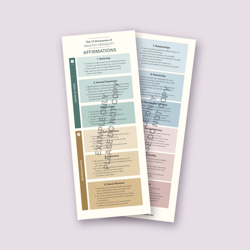 Front and back of the 12 Dimensions of Healthy Sexuality affirmations bookmark.
