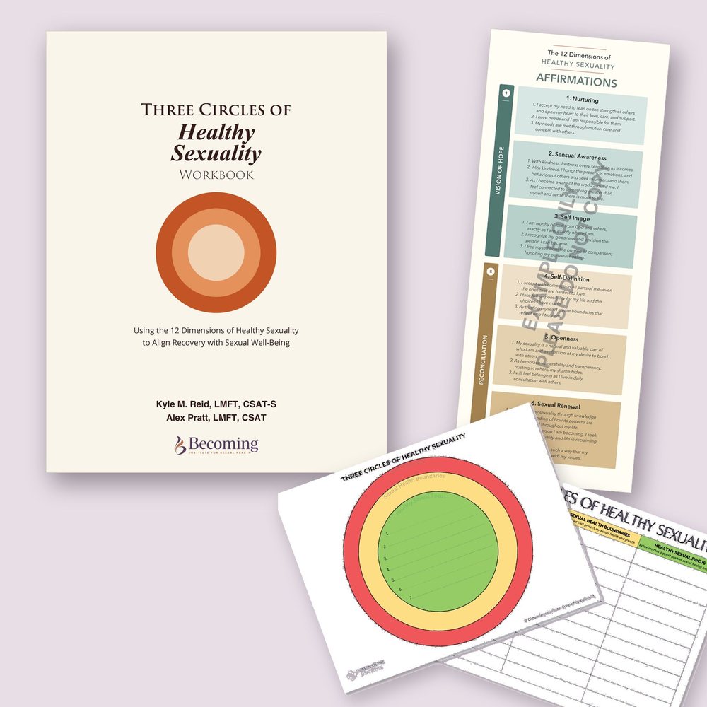 The Three Circles of Healthy Sexuality Workbook with the laminated Three Circles tracking poster and the 12 Dimensions affirmations bookmark.